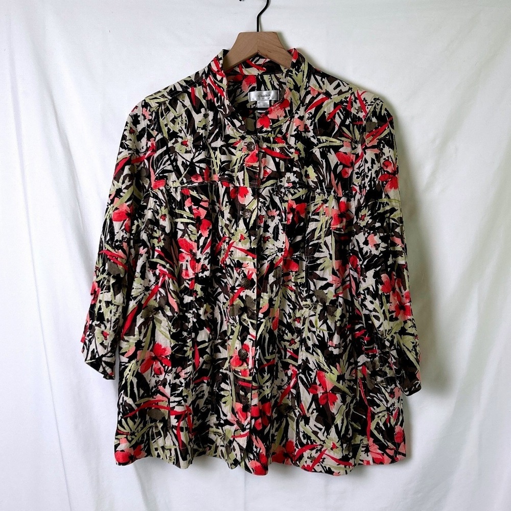 CJ Banks Womens Floral Linen Blend Button Up Jacket Size 1X Red Green Black